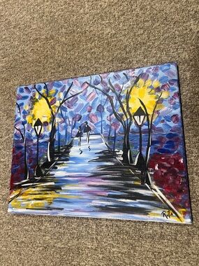 Hand-Painted Blue and Yellow Park Path Canvas Art by Rita  16” x 20”
